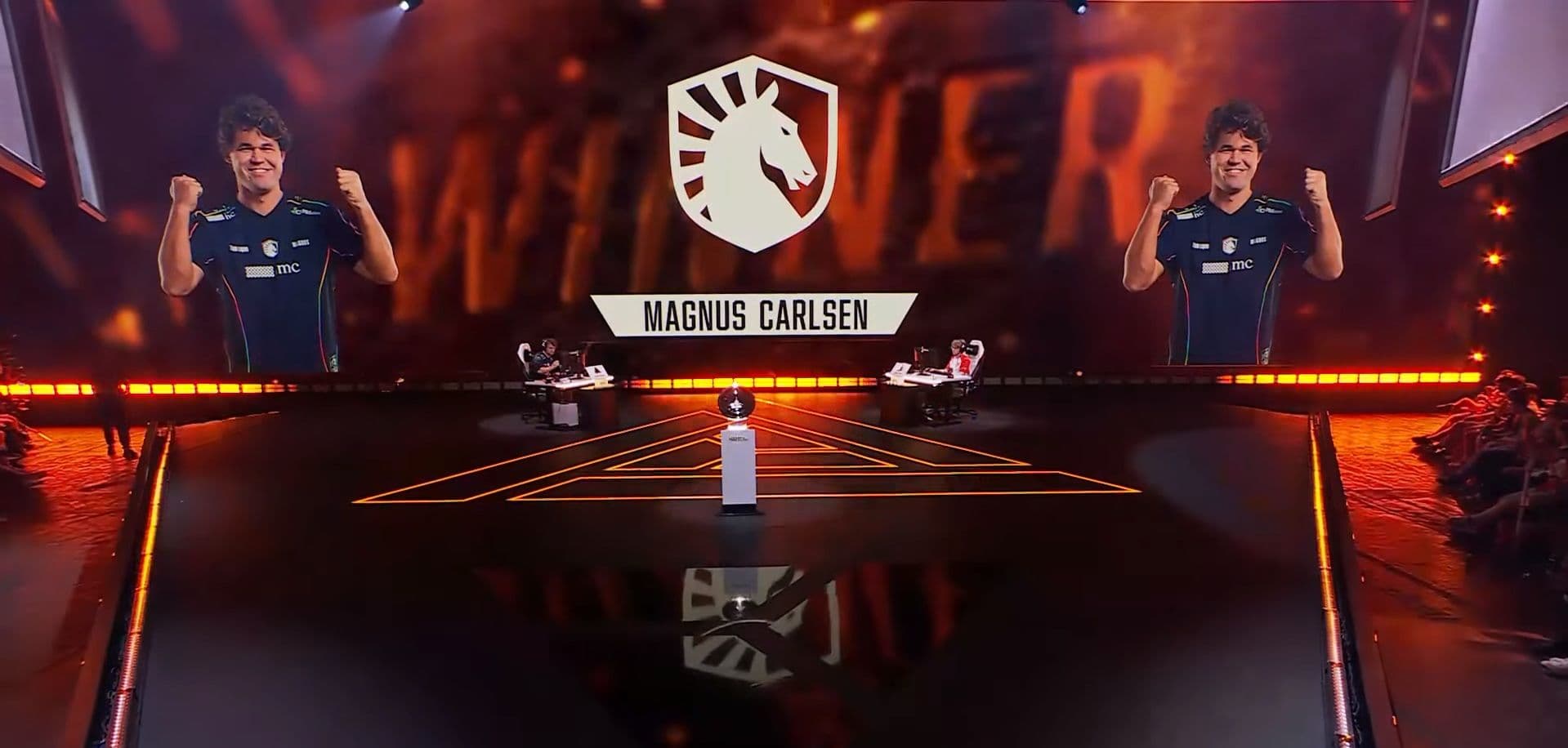 Magnus Carlsen wins Game 1 of the EWC 2026 Chess Grand Finals against Denis Lazavik. (Credit: Esports World Cup)