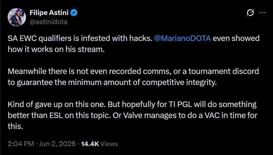 Astini was not happy at all and started a personal crusade against cheaters on the EWC regional qualifiers.