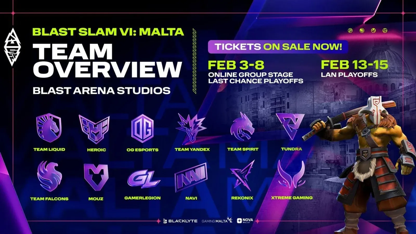 Lineup for the BLAST Slam Malta Dota 2 Tournament.