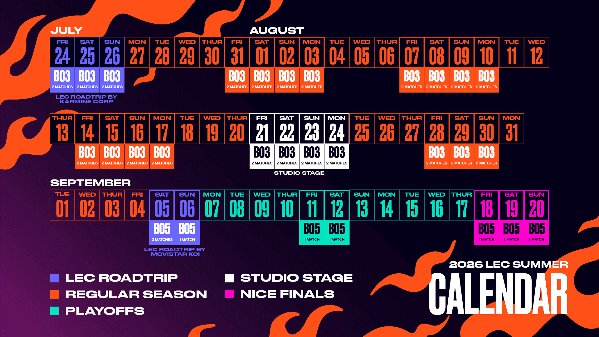 A look at the complete LEC 2026 Summer schedule. (Credit: Riot Games)