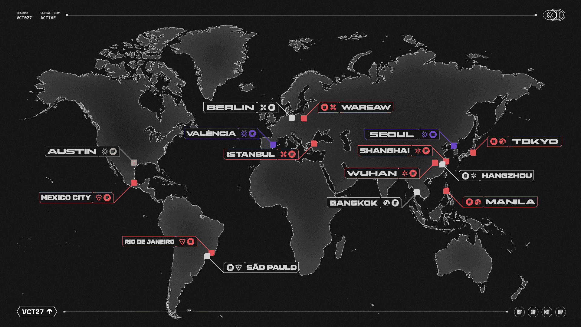 Map of the 15 VCT 2027 host cities, including Seoul, Valencia, Austin, São Paulo and Rio de Janeiro