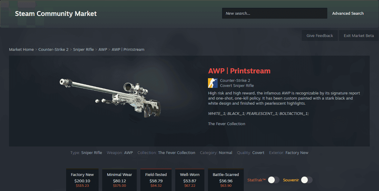 CS2 AWP | Printstream different prices for different floats