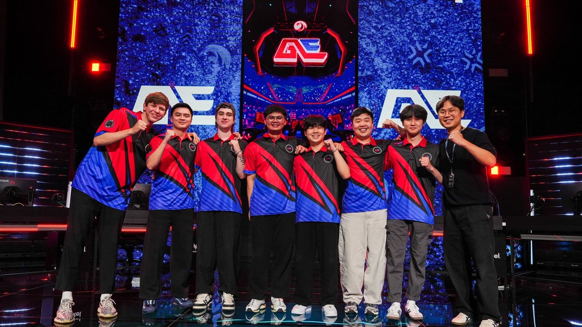 Global Esports celebrating on stage after beating ZETA DIVISION 2-0 in VCT Pacific 2026 Stage 2 (Image Source: Riot Games)