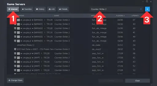 CS2 Community Server Browser. Credit: Valve & Bo3.gg