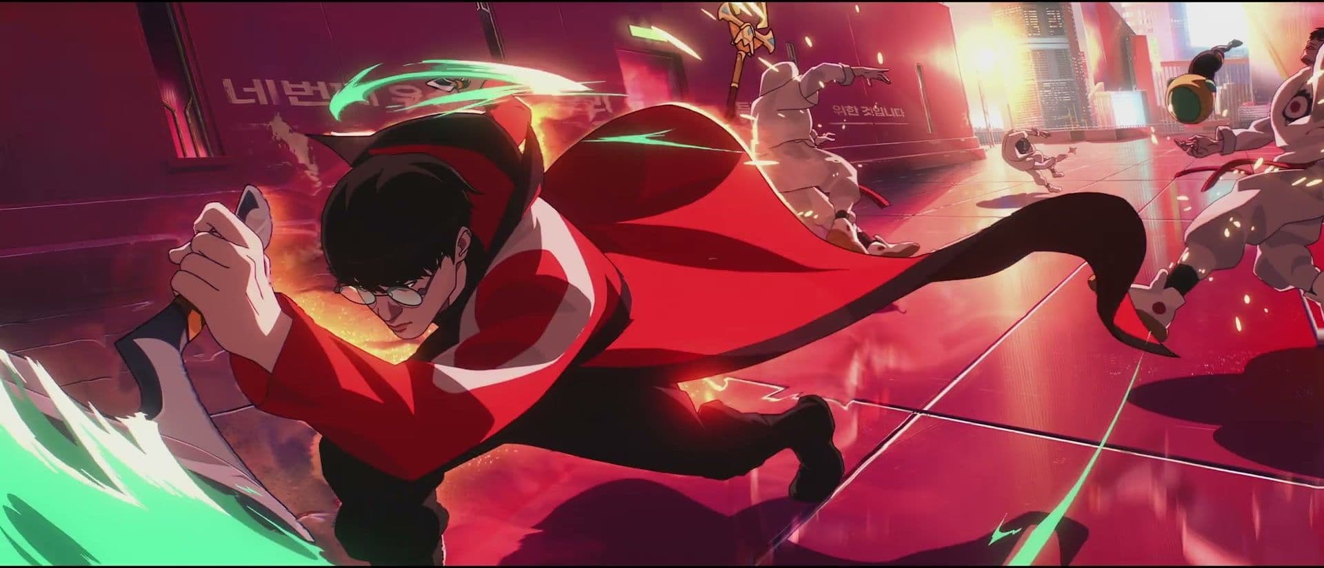 A red-and-black-clad character charges down a wet city street in the animated Worlds 2023 sequence.