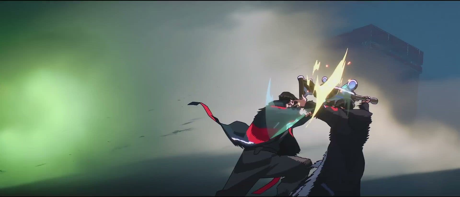 Two characters fight through blue-green mist with a bright flash between them.