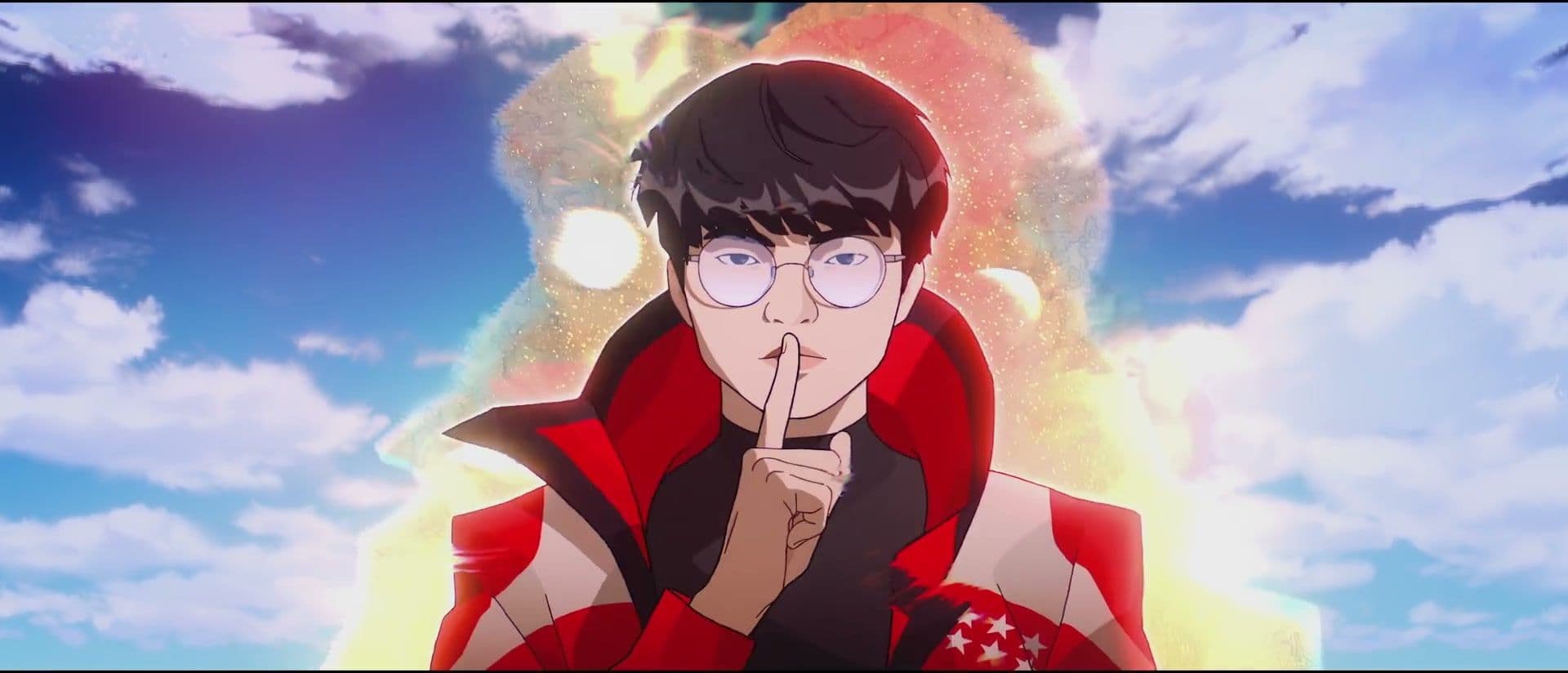 Faker holds a finger to his lips in his shushing pose against a glowing blue background.