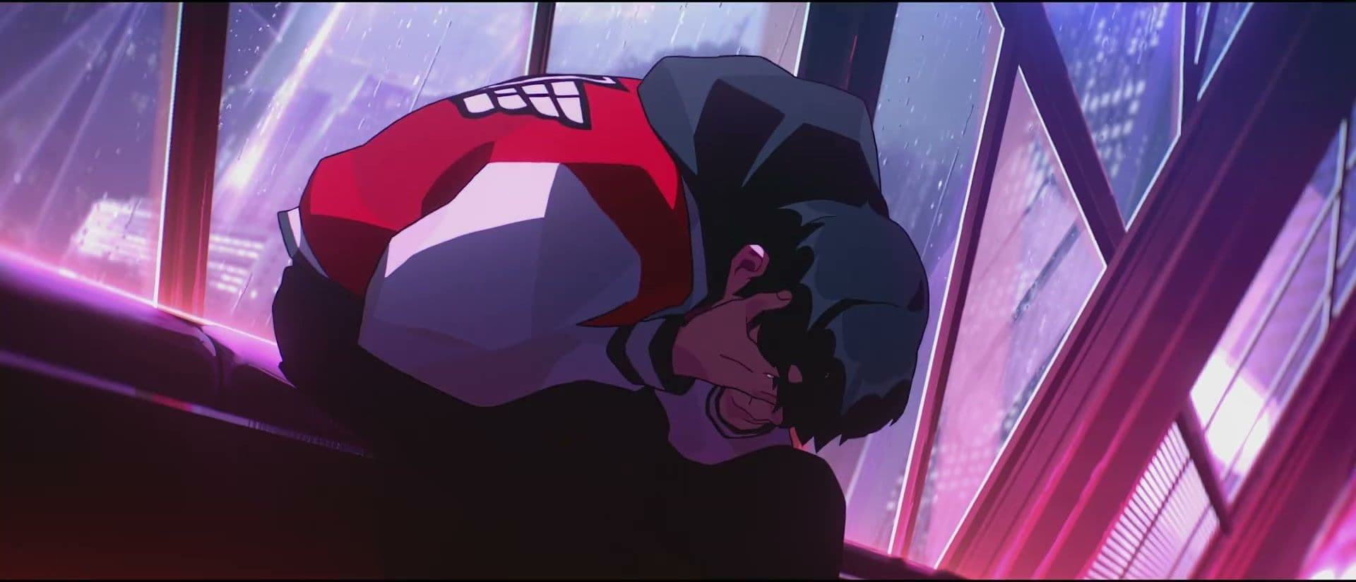 Faker crouches on the floor in a red-and-black jersey in a purple-lit scene from Know My Name.