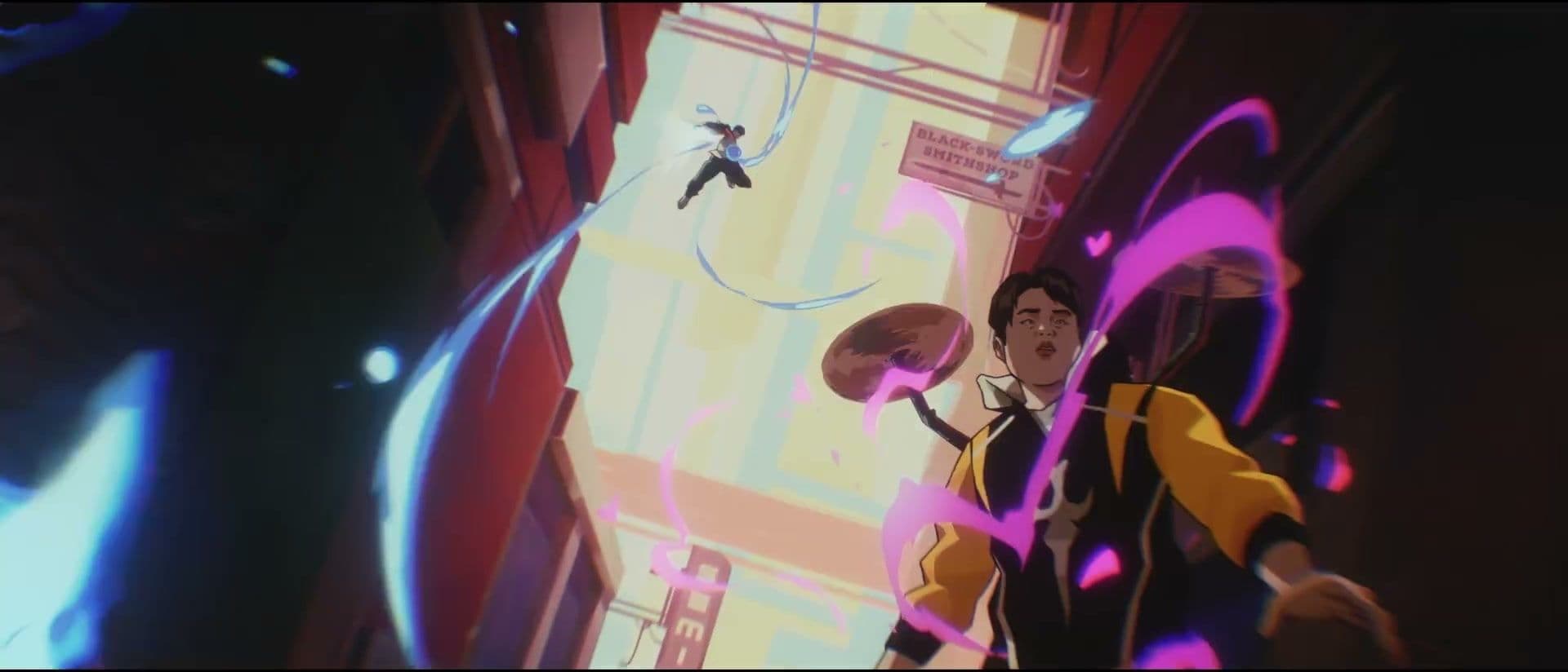 A pink-lit city street with characters in the distance in the Know My Name music video.