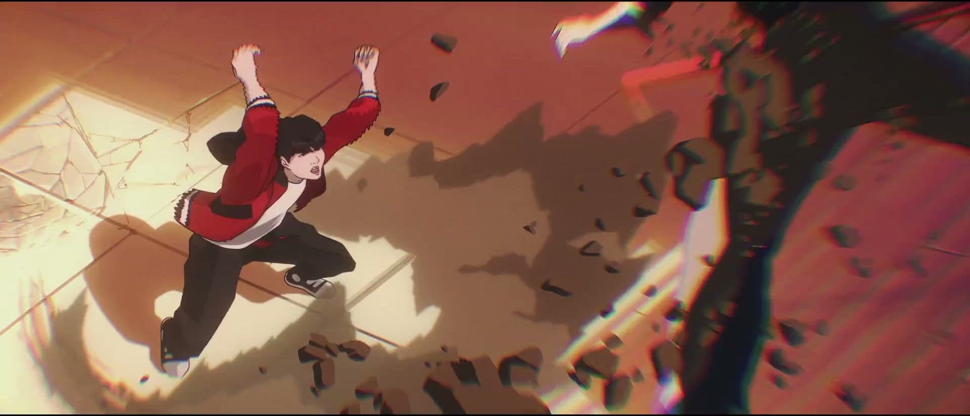 A red-clad character is thrown into the air amid debris during an animated street battle.