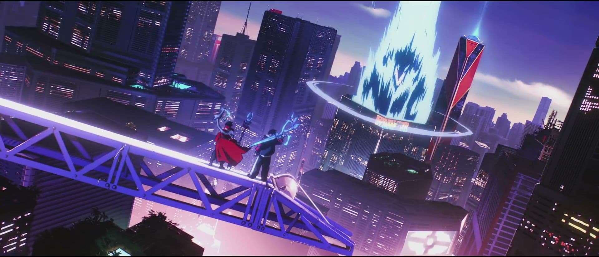 A character stands in front of glowing blue fragments in an animated Worlds 2022 reference.