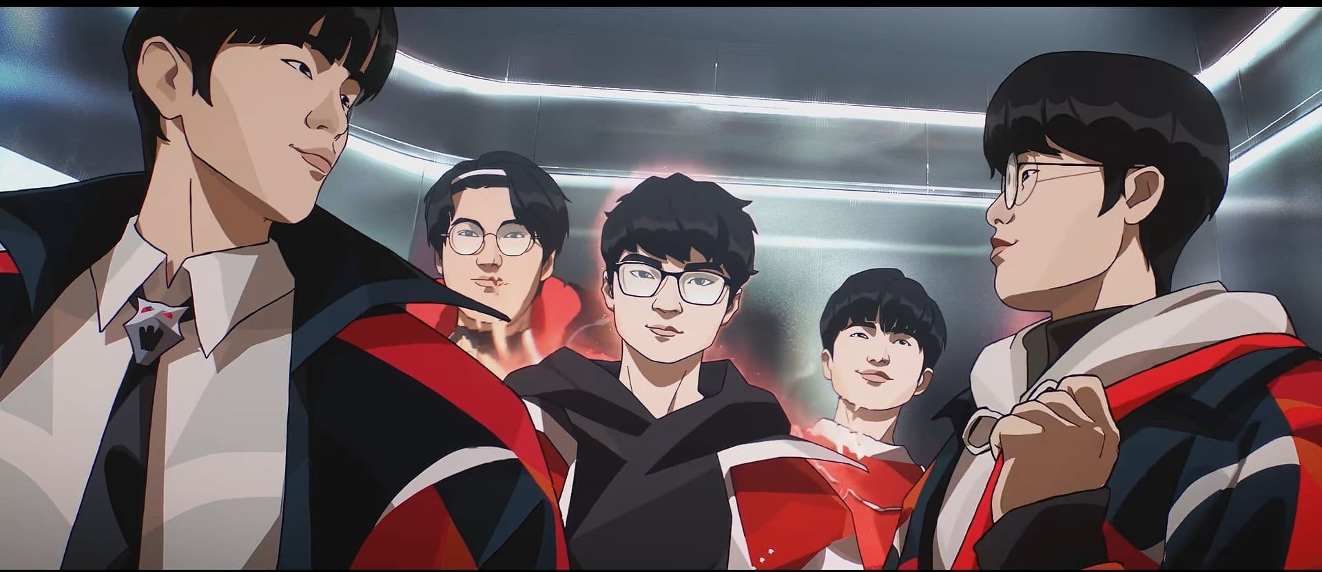 Gumayusi and fellow T1 players appear near an elevator in the scene referencing the ZOFGK roster.
