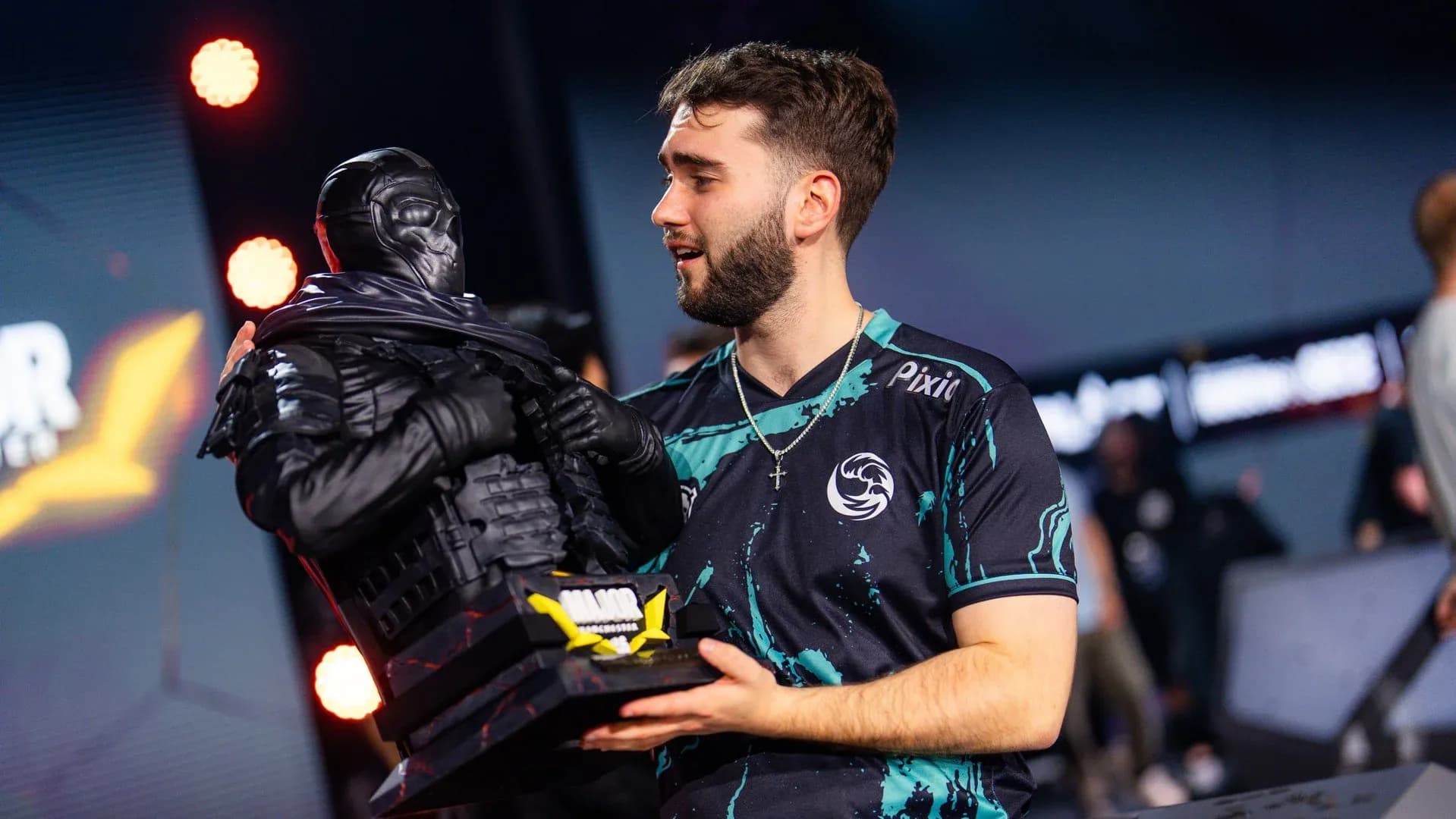SpiriTz for beastcoast holding the BLAST Manchester Major 2024 trophy (Image Source: Joao Ferreira / Ubisoft)