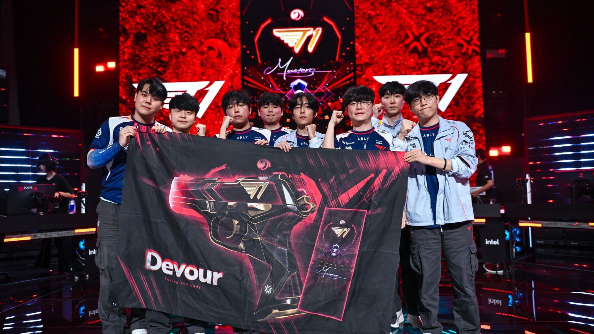T1 celebrating after qualifying for VCT Pacific 2026 Stage 2 playoffs (Image Source: Riot Games)
