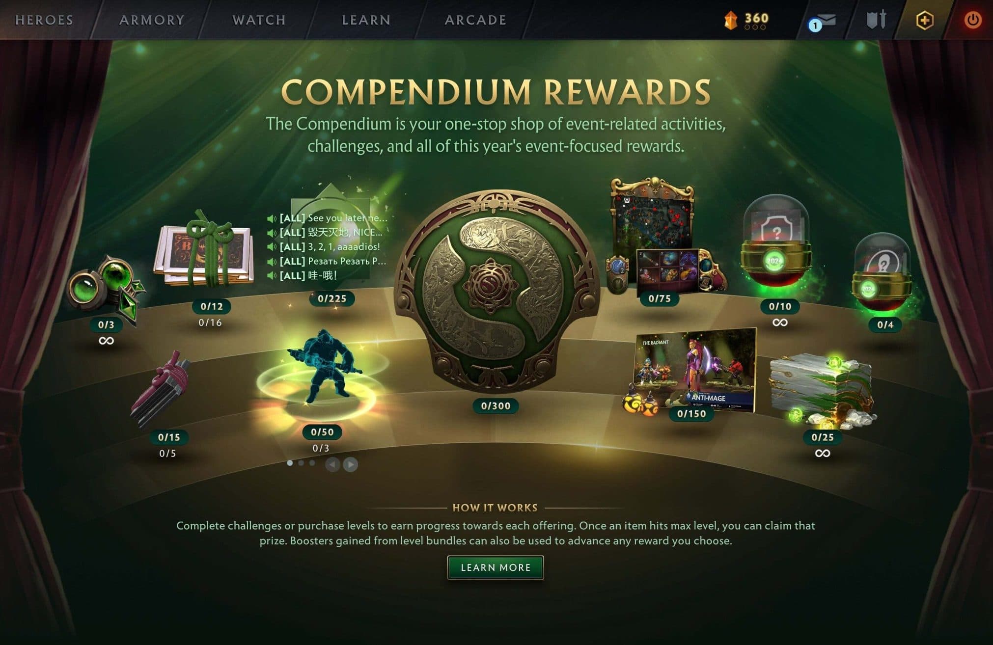 Página de recompensas do Compêndio no International de 2024.