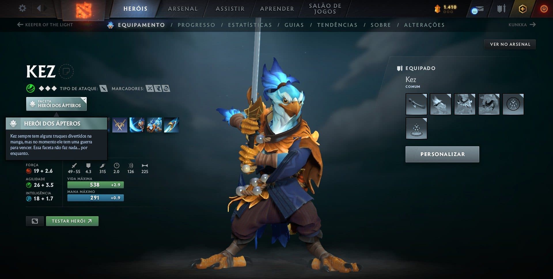 Tela de personagem do novo herói que chegou junto do último ano da Queda Coronal.