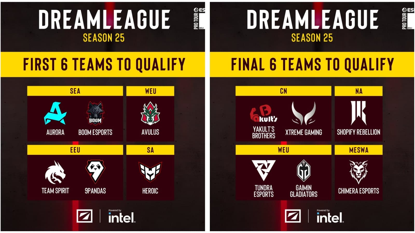 Todas as doze equipes qualificadas para a DreamLeague 25 pelas regionais.