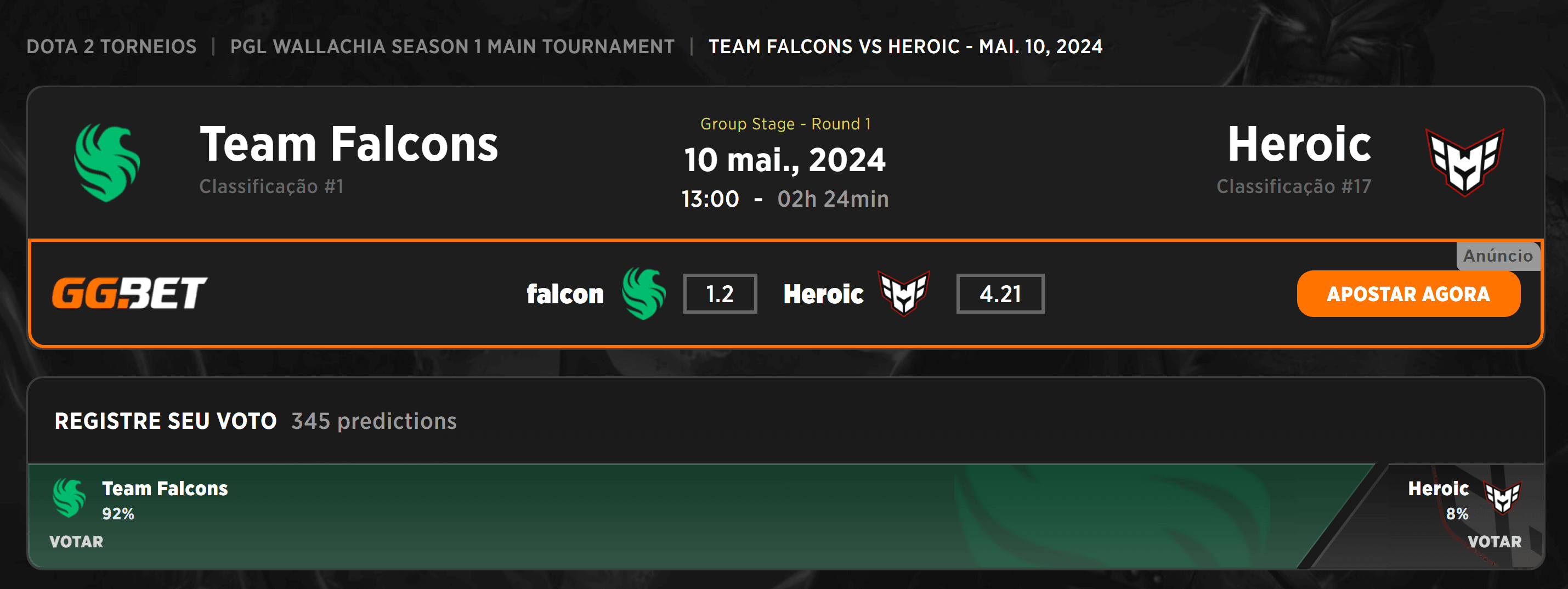 O Team Falcons vai enfrentar a Heroic como