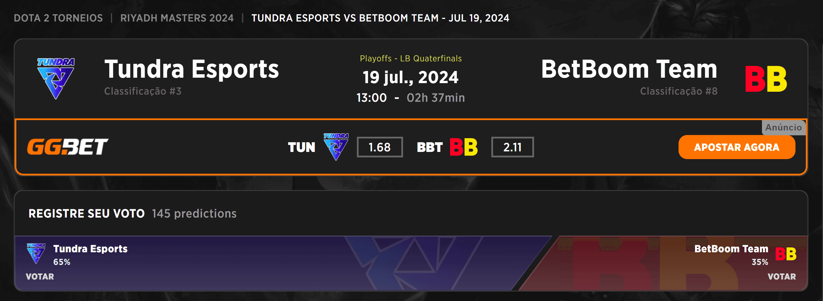 Tundra busca a vitória contra o BetBoom Team.