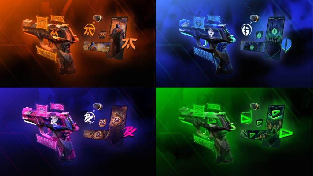 Cápsula da equipe VCT (de cima para baixo, da esquerda para a direita) para Fnatic, Evil Geniuses, Paper Rex e LOUD (créditos: Riot Games)