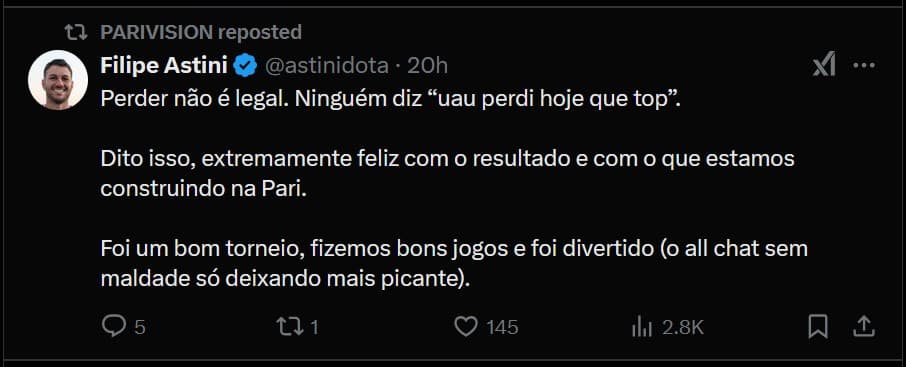 Tweet de Astini após cair na terceira posição do FISSURE PLAYGOUND.