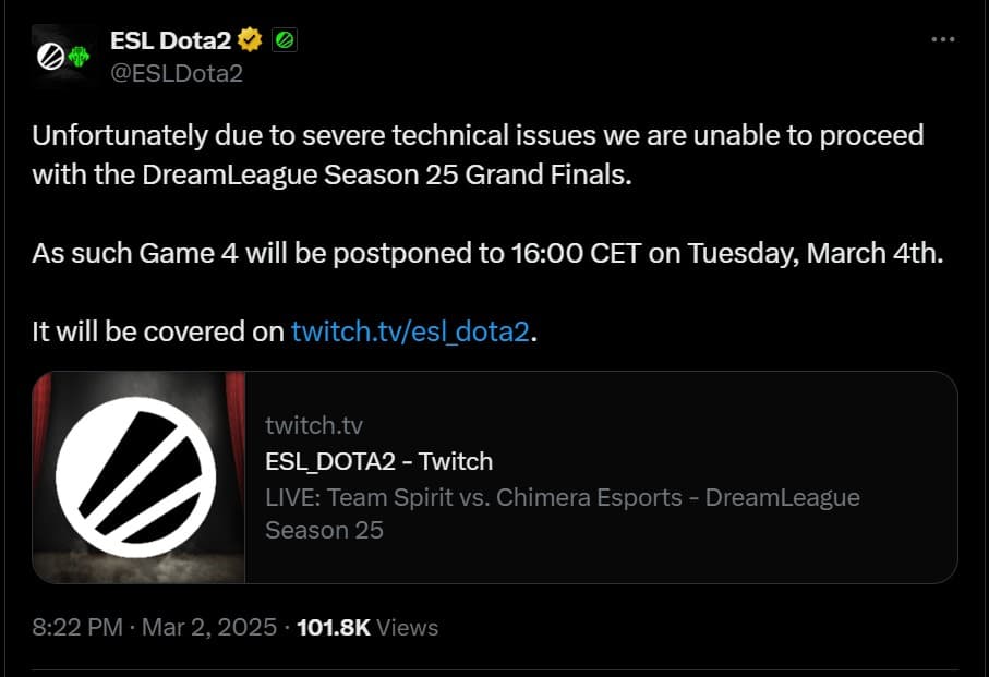 A ESL reconheceu o problema por meio do Twitter.