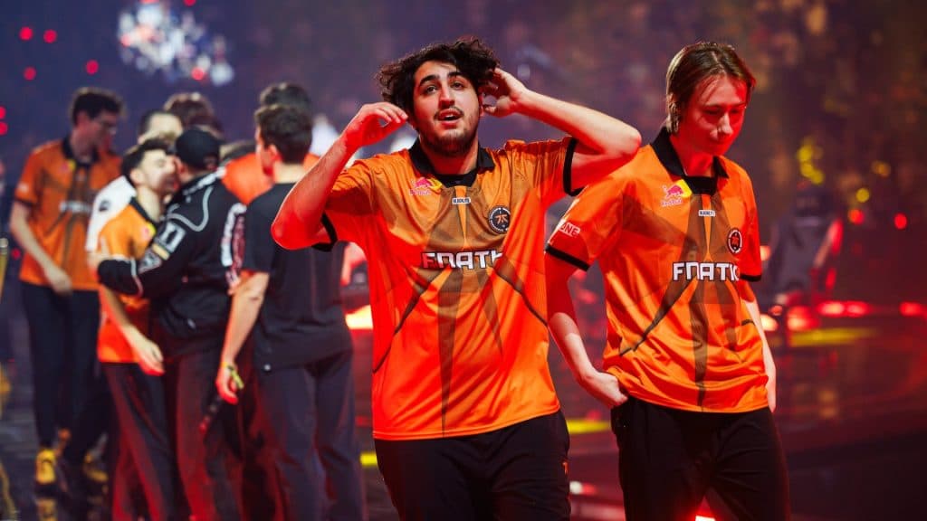 Alfajer (L) and Chronicle of Fnatic walk off stage after losing VALORANT Champions Paris Grand Finals (1080p)