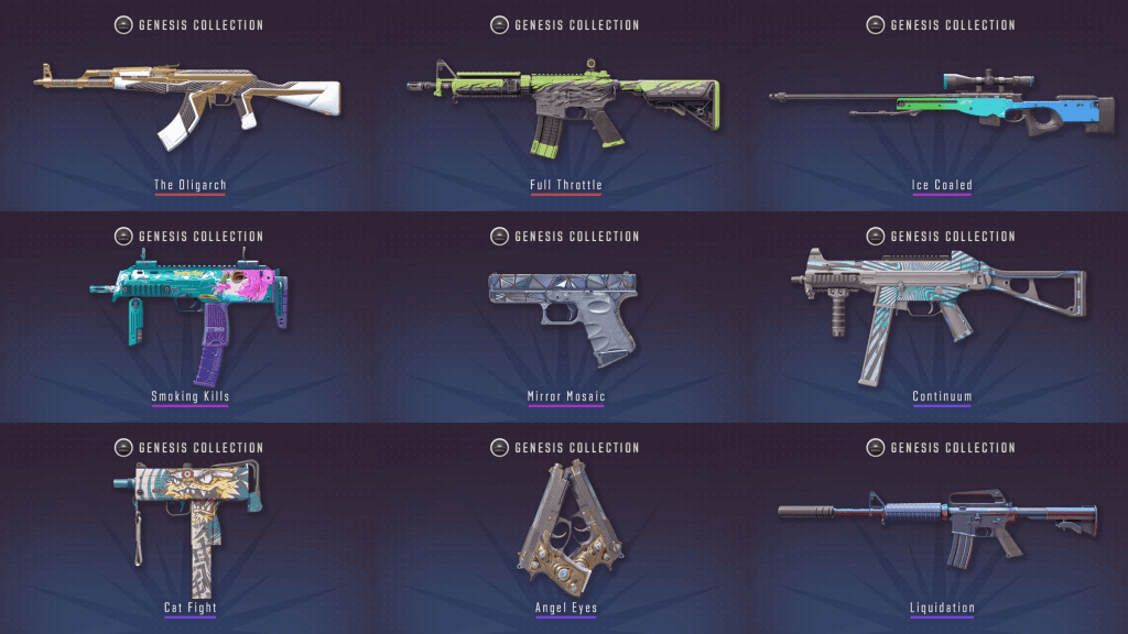 A few of the 17 new weapon skins brought by the Genesis Colletion. Credits: Valve