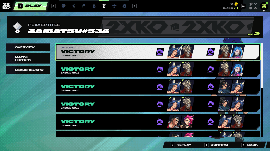 2XKO Match History and Replays are available from the same menu (Image Source: In-game Screenshot)
