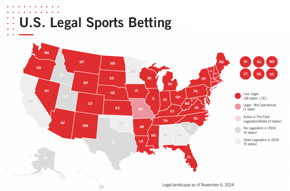Map of US states where Sports betting is legal
