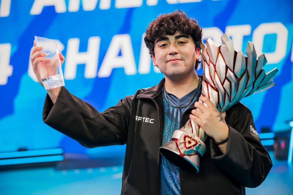 Mazino with the VCT Americas 2024 Stage 2 trophy and his MVP Award