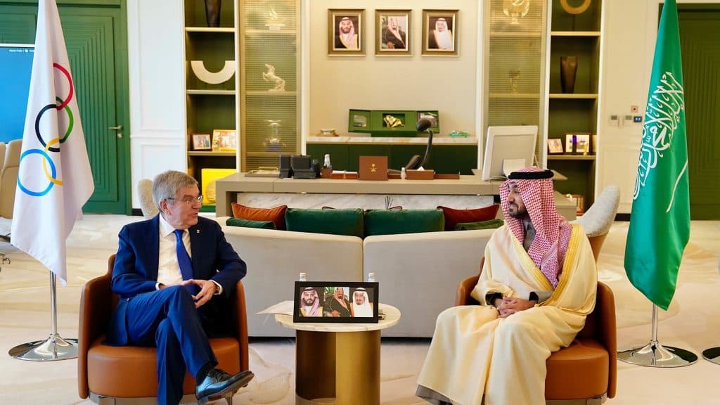 HRH Mohammed bin Salman Al Saud, IOC President Thomas Bach and the President of the SOPC and Minister of Sports, HRH Prince Abdulaziz bin Turki Al Faisal in Riyadh on Sunday.