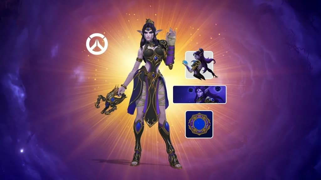 Xal'atath Symmetra legendary skin, the spray, name card, and player icon earned through WoW Welcome Home Achievement