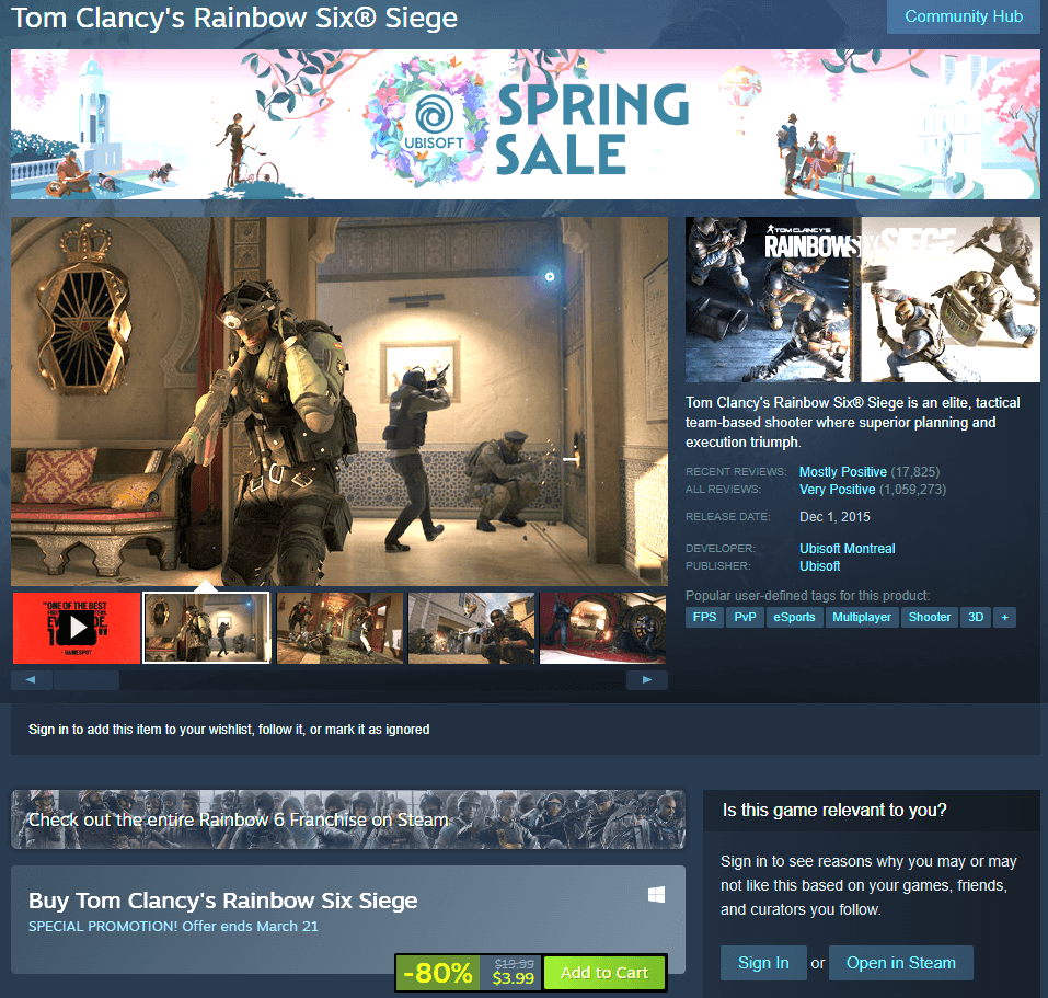 Rainbow Six Siege Steam store page available at 80% discount