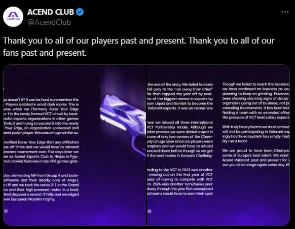 Acend, the first Valorant World Champion and a non-franchised organization, decided to end their team after lack of sustainability in TTier 2 (credits: Acend)