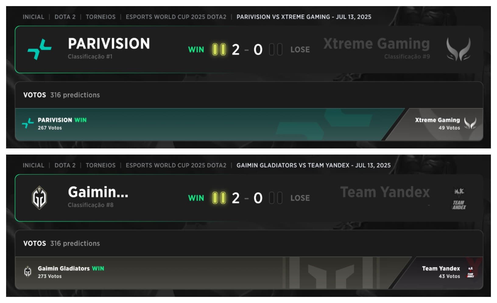First couple of bracket results on the Elimination Phase of the EWC 2025 Dota 2 event.
