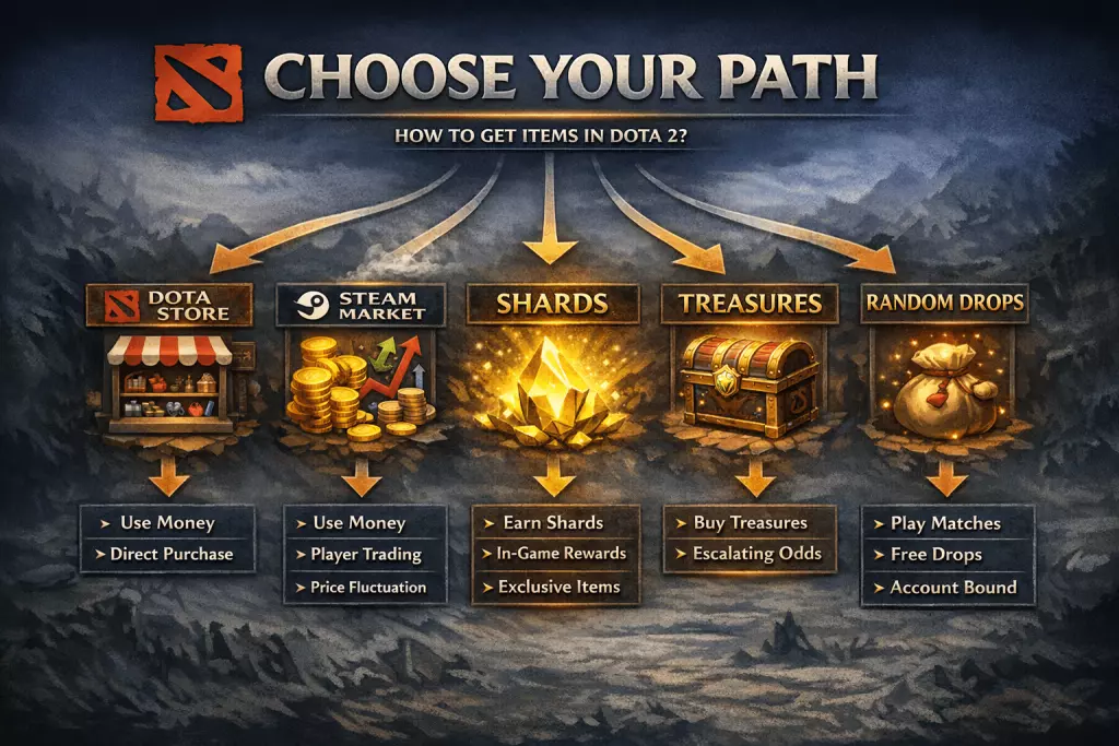 There are five ways to get new items in Dota 2.