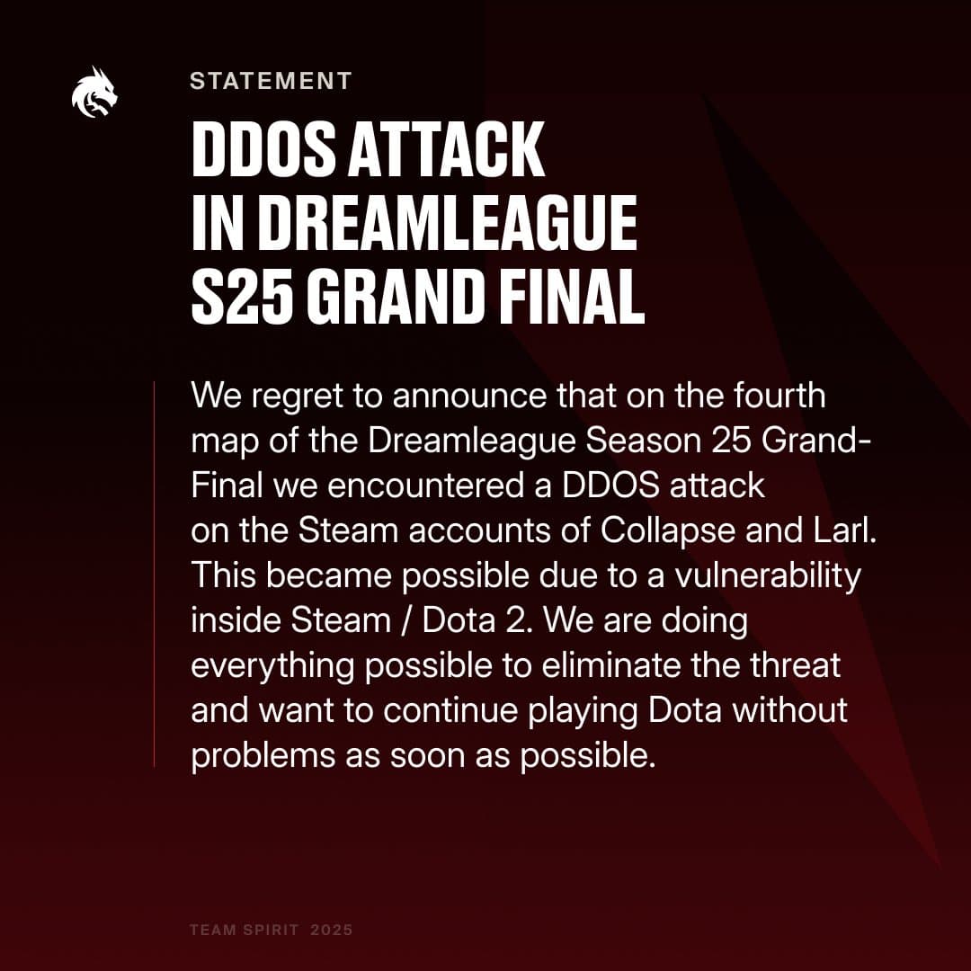 Team Spirit twitter announcement after DDoS attack.