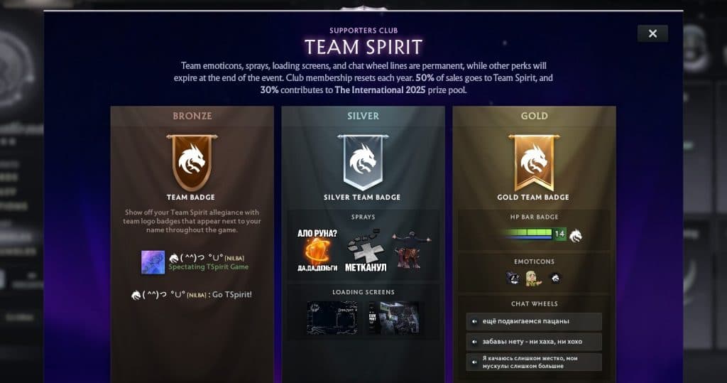 The International 2025 supporter bundles for Team Spirit.