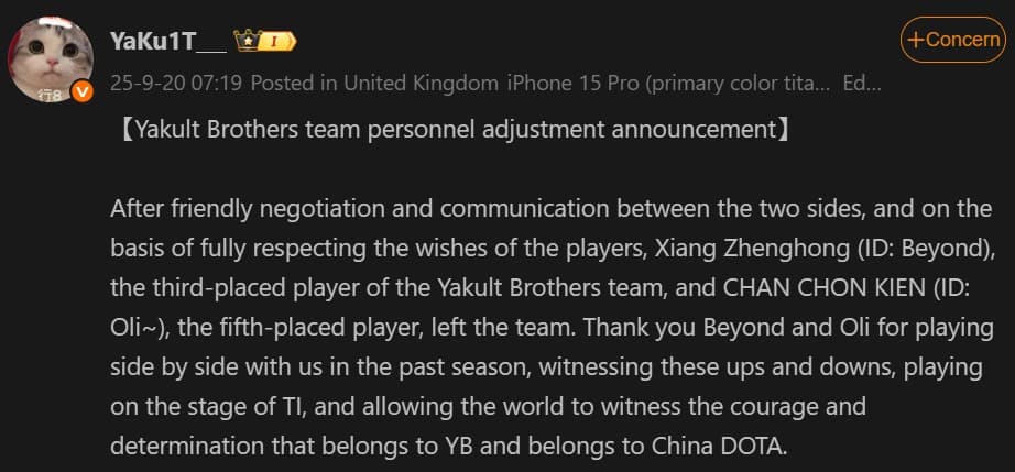 The Dota 2 Roster Shuffle goes from west to east on the Yakult Brothers roster.
