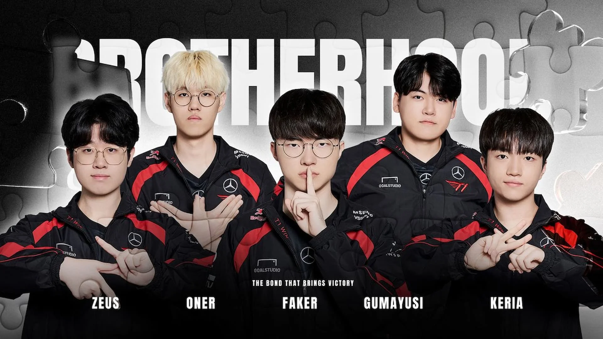 T1 League of Legends team roster with Faker, Zeus, Oner, Gumayusi, and Keria — 5x World Champions